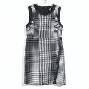 DKNY Houndstooth Sleeveless Sheath Dress Sz 16 Black Faux Leather Trim Detail